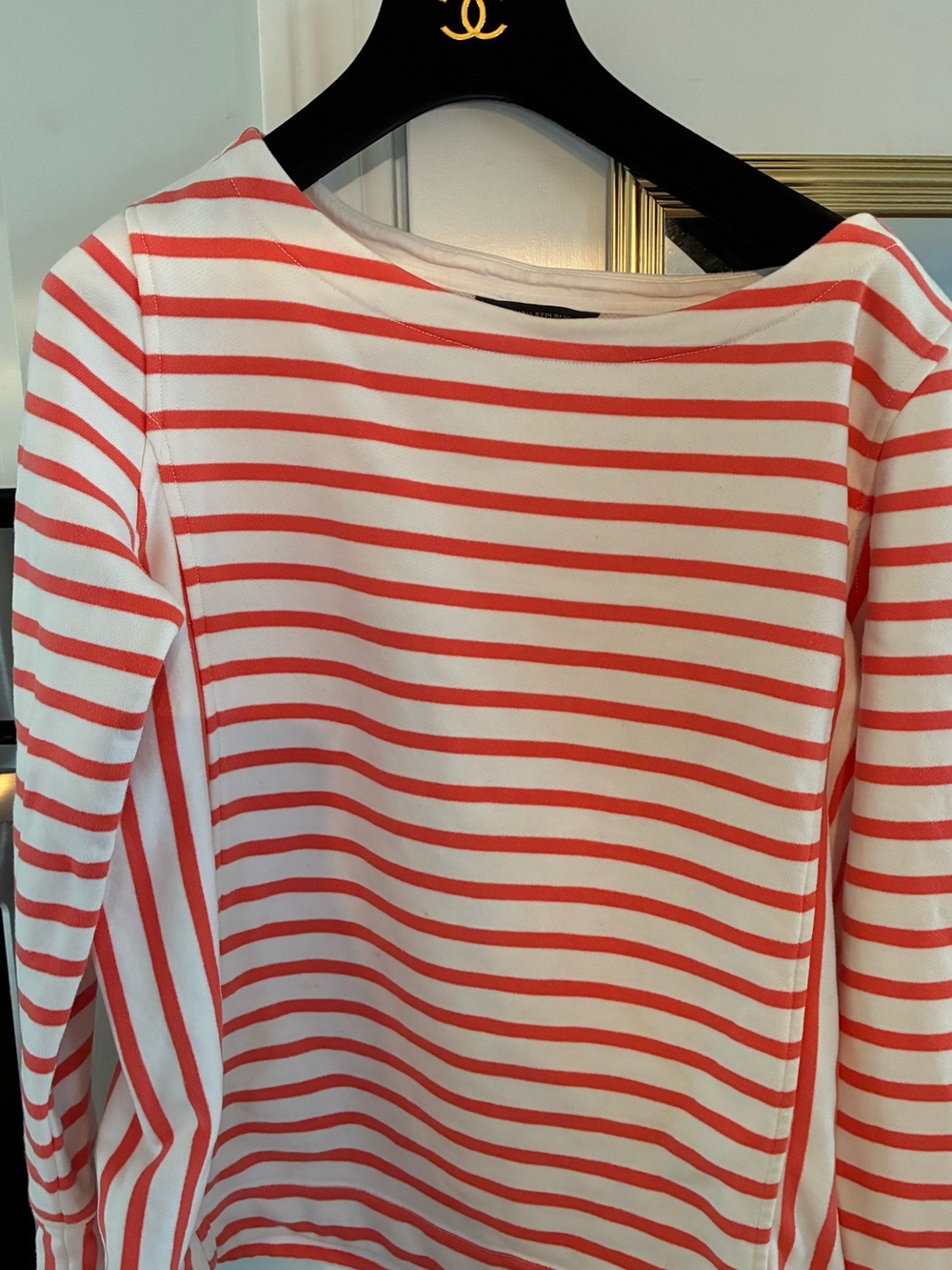 Banana Republic White and Coral Striped Long-Sleeve Tee
